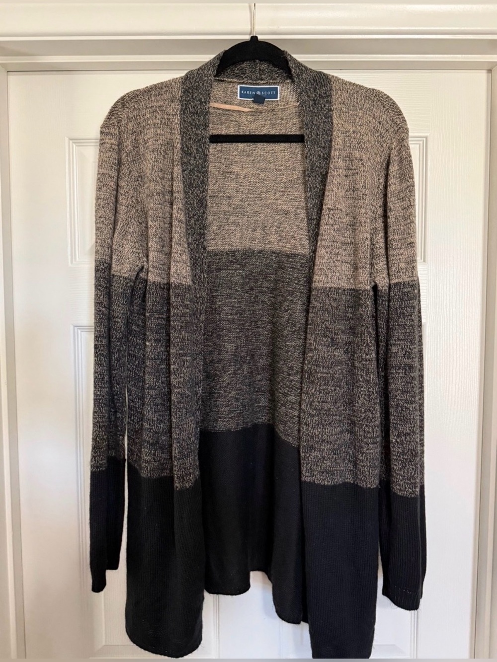 Karen Scott XL Colorblock Long Cardigan Beige Gray Black Open Front Sweater